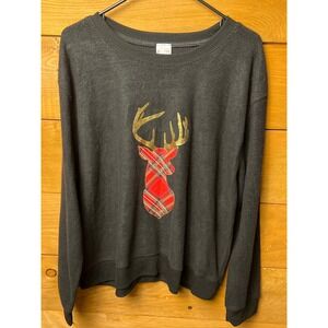 No Boundaries Black Christmas‎ Reindeer Plaid Gold Antlers Sweatshirt XL Rudolph